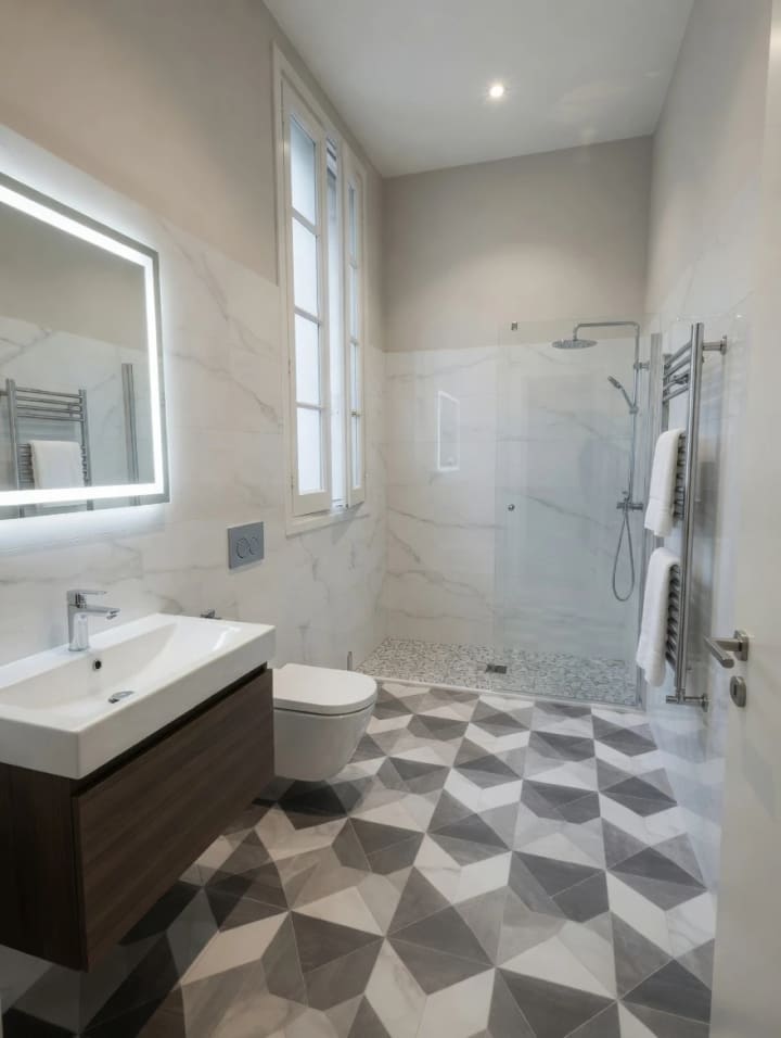 El mismo baño reformado con ducha a ras de suelo y mueble suspendido